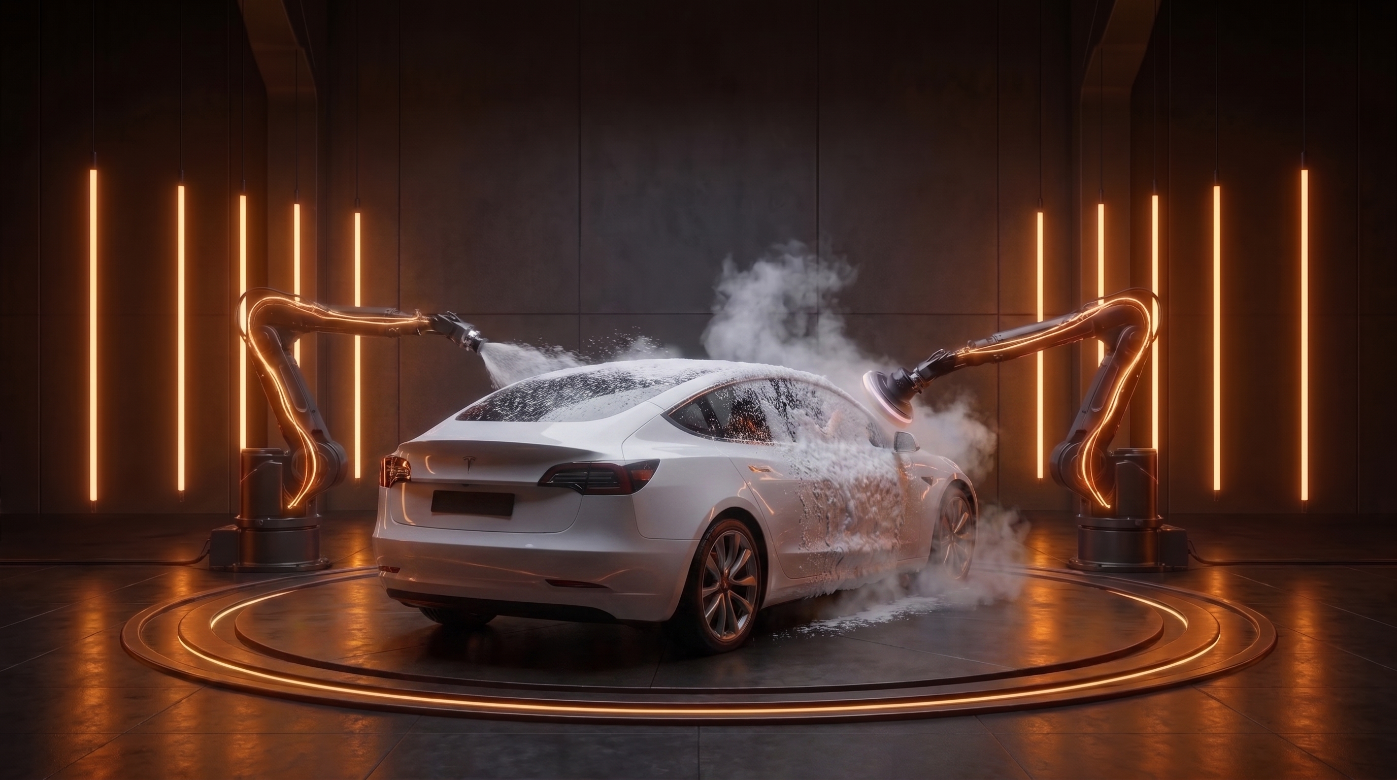 3D-visualisering av utvändig rekond – vit bil skumtvättas och poleras av robotarmar i studio med orange neonljus